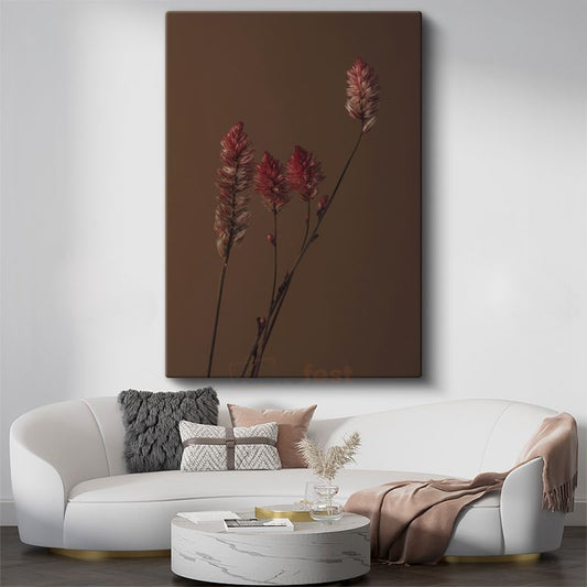 Kızıl Başaklar - Kahverengi Fonda Minimalist Bitki Silueti Kanvas Tablo