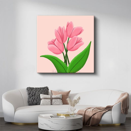 Pembe Laleler - Pastel Fonda Minimalist Çiçek Tasarımı Kanvas Tablo