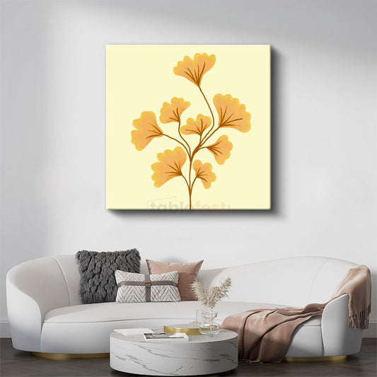 Ginkgo Yaprakları - Krem Fonda Altın Sarısı Botanik Desen Kanvas Tablo