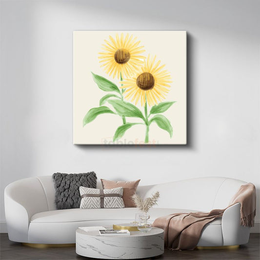 Suluboya Ayçiçekleri - Krem Fonda Minimalist Çiçek İllüstrasyonu Kanvas Tablo