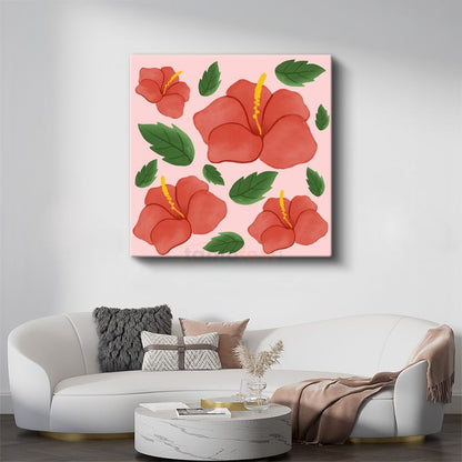 Kırmızı Hibiskus - Pembe Fonda Tropikal Çiçek Deseni Kanvas Tablo