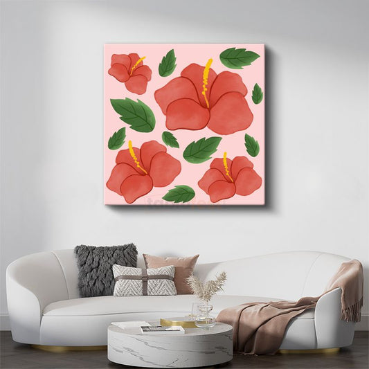 Kırmızı Hibiskus - Pembe Fonda Tropikal Çiçek Deseni Kanvas Tablo