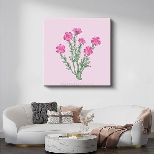 Pembe Çiçekler - Pastel Fonda Zarif Botanik İllüstrasyon Kanvas Tablo