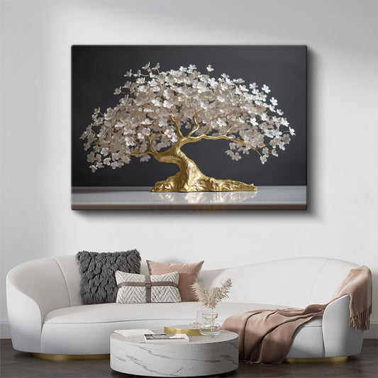 Altın Çiçek Ağacı - Zarif Beyaz Çiçekli Bonsai Sanatı Kanvas Tablo