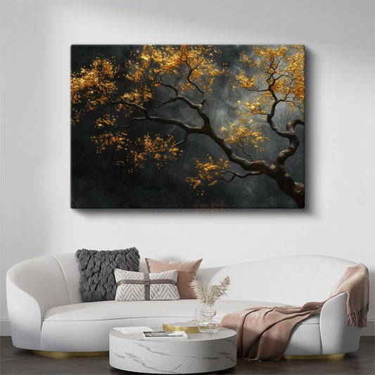 Altın Ağaç - Siyah Fonda Işıltılı Dekoratif Sanat Kanvas Tablo