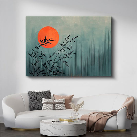 Zen Bambu - Kırmızı Güneş Eşliğinde Minimalist Tasarım Kanvas Tablo