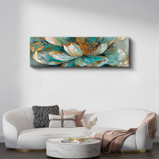 Turkuaz Çiçek - Altın Detaylı Modern Sanat Eseri Kanvas Tablo