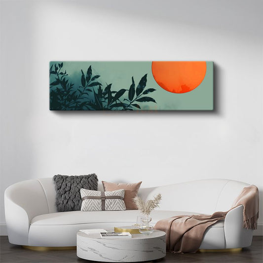 Tropikal Yapraklar - Turuncu Güneş Manzaralı Minimalist Tasarım Kanvas Tablo