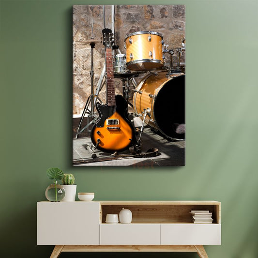 Rock Müzik Ekipmanları - Elektro Gitar ve Davul Seti Kanvas Tablo
