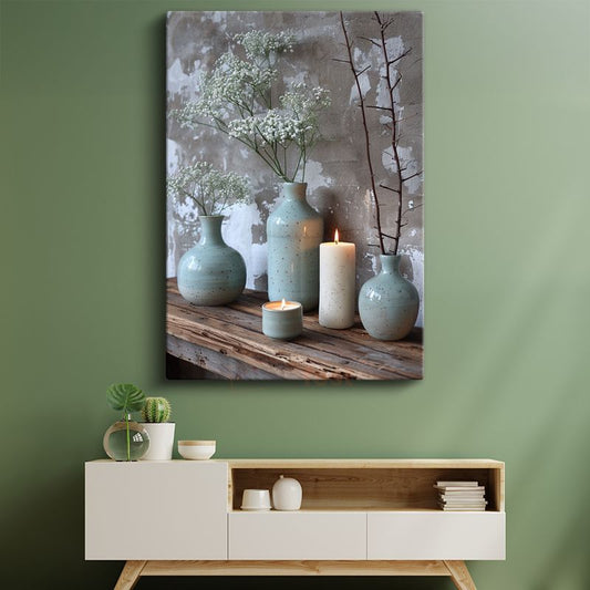 Minimalist Vazolar - Beyaz Çiçekler ve Mumlarla Dekoratif Kanvas Tablo