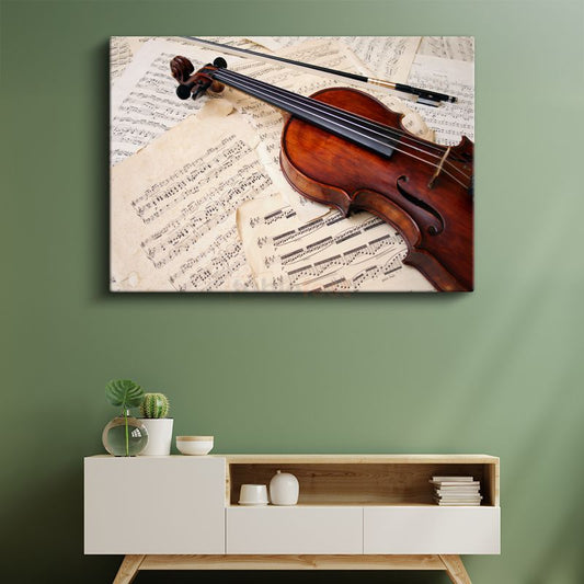 Müzik Notaları ve Keman - Klasik Sanat Eseri Kanvas Tablo