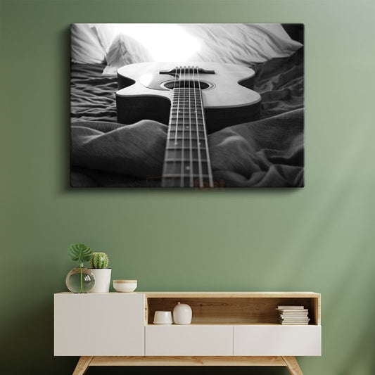 Akustik Gitar - Siyah Beyaz Müzik Kanvas Tablo
