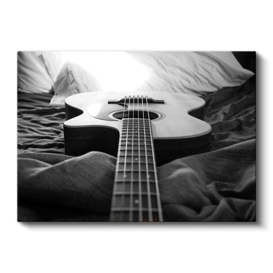 Akustik Gitar - Siyah Beyaz Müzik Kanvas Tablo