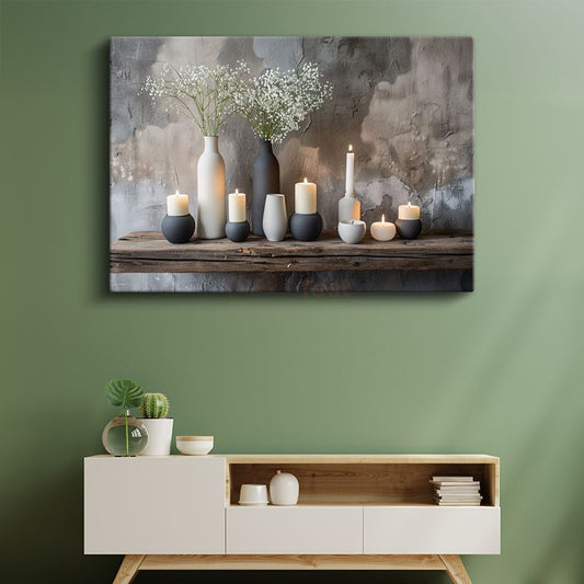 Minimalist Vazolar - Siyah Beyaz Mum Işığı Kanvas Tablo