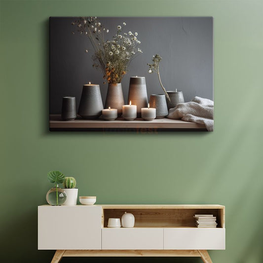 Minimalist Seramik Kompozisyon - Kurutulmuş Çiçekler ve Mumlar Kanvas Tablo