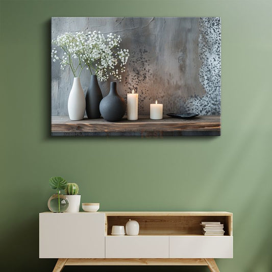 Minimalist Dekor - Beyaz Çiçekler ve Mumlar Kanvas Tablo