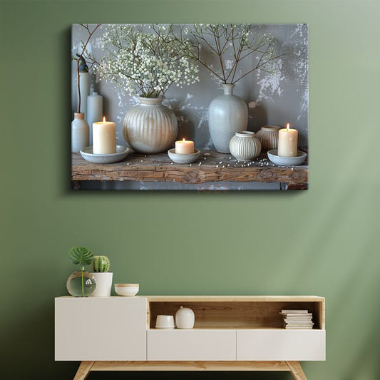 Beyaz Vazolar - Minimalist Çiçek Düzenlemesi Kanvas Tablo