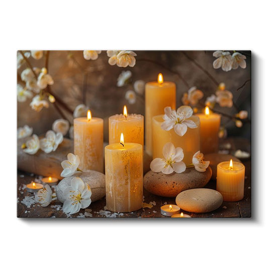 Sarı Mumlar - Çiçekler ve Taşlarla Spa Teması Kanvas Tablo