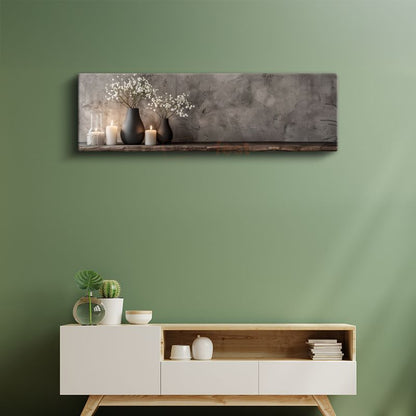 Minimalist Vazo Düzenlemesi - Beyaz Çiçekler ve Mumlarla Huzur Kanvas Tablo