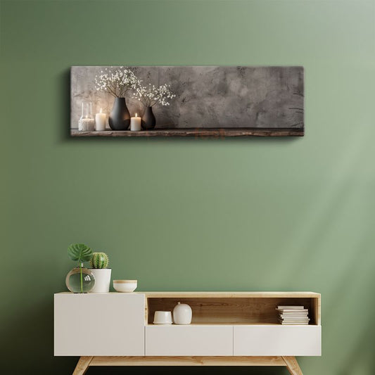 Minimalist Vazo Düzenlemesi - Beyaz Çiçekler ve Mumlarla Huzur Kanvas Tablo