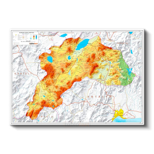 Burdur - Fiziki Haritası Kanvas Tablo