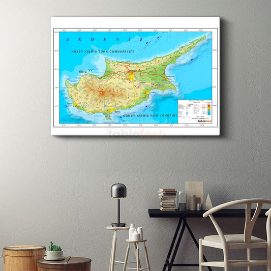 Kıbrıs - Fiziki Haritası Kanvas Tablo