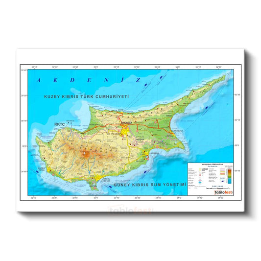 Kıbrıs - Fiziki Haritası Kanvas Tablo