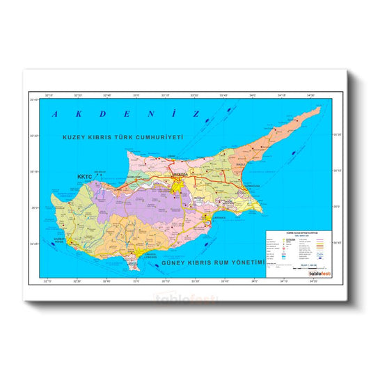 Kıbrıs - Siyasi Haritası Kanvas Tablo