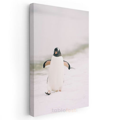 Penguen - Beyaz Zeminde Sevimli Yürüyüş Kanvas Tablo