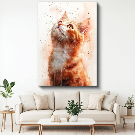 Meraklı Kedi - Yukarı Bakan Turuncu Tüylü Dost Kanvas Tablo