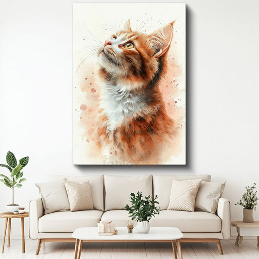 Kızıl Kedi - Suluboya Efektli Yukarı Bakan Portre Kanvas Tablo