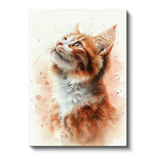 Kızıl Kedi - Suluboya Efektli Yukarı Bakan Portre Kanvas Tablo