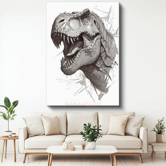 T-Rex Portresi - Gri Tonlarında Keskin Dişli Dinozor Kanvas Tablo