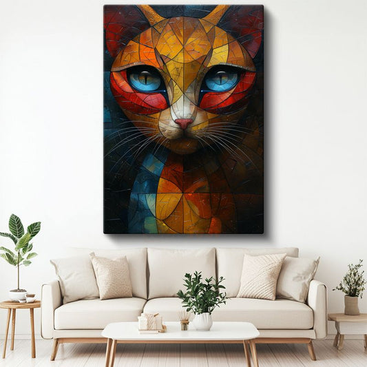 Vitray Kedi - Geometrik Desenlerde Renkli Bakışlar Kanvas Tablo
