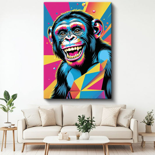 Pop Art Şempanze - Renkli Geometrik Desenli Gülümseme Kanas Tablo