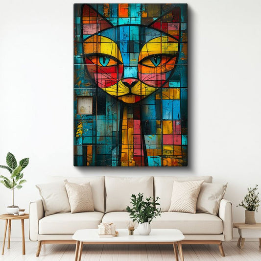 Mozaik Kedi - Renkli Geometrik Desenli Portre Kanvas Tablo