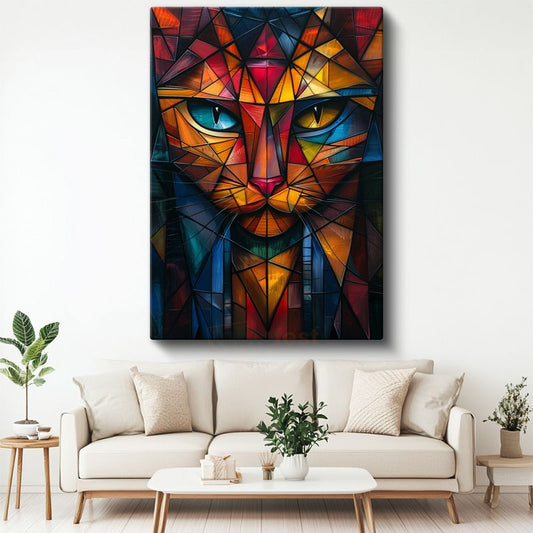 Geometrik Kedi - Üçgen Desenlerde Çift Gözlü Bakış Kanvas Tablo