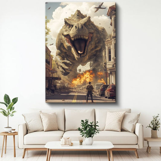 Şehir İstilacısı T-Rex - Tarih Öncesi Devin Korkunç Kükreyişi Kanvas Tablo
