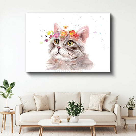 Çiçekli Kedi - Sulu Boya Tarzında Sevimli Dost Kanvas Tablo