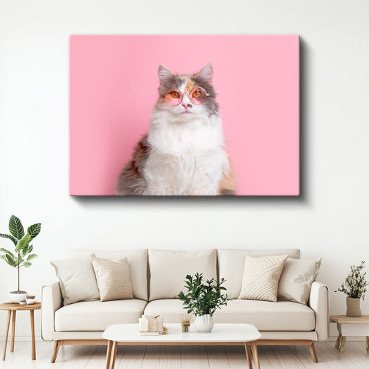 Gözlüklü Kedi - Pembe Dünyada Şık Duruş Kanvas Tablo