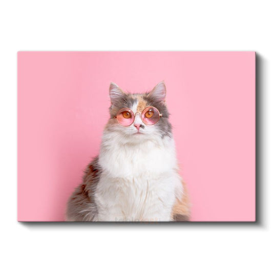 Gözlüklü Kedi - Pembe Dünyada Şık Duruş Kanvas Tablo