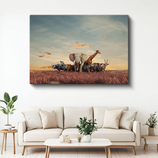 Afrika Safarisi - Savana Hayvanlarının Görkemli Buluşması Kanvas Tablo