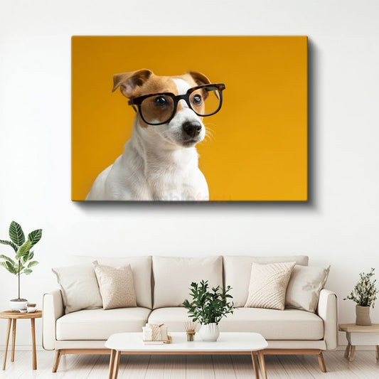Zeki Köpek Portresi - Sarı Zeminde Gözlüklü Dost Kanvas Tablo