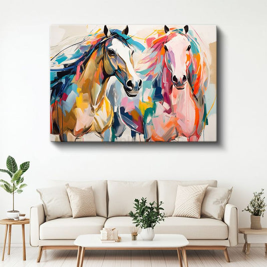 Renkli Atlar - Modern Sanat Esintili Canlı Fırça Darbeleri Kanvas Tablo