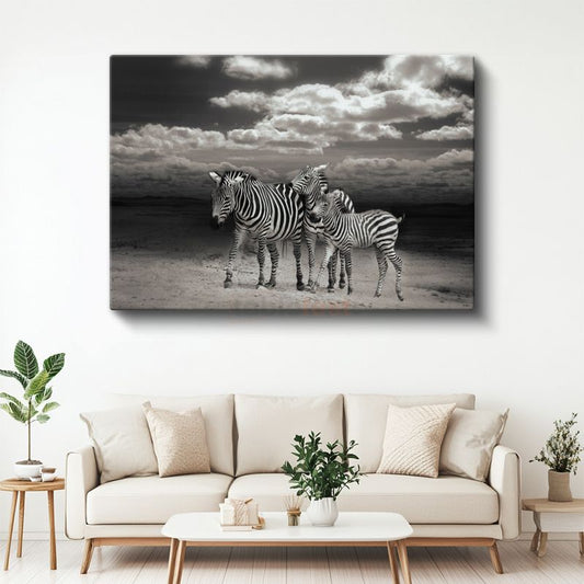 Zebra Ailesi - Siyah Beyaz Çizgili Savana Sakinleri Kanvas Tablo
