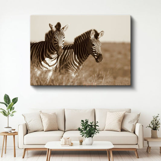 Zebra İkilisi - Sepia Tonlarında Afrika Safarisi Kanvas Tablo