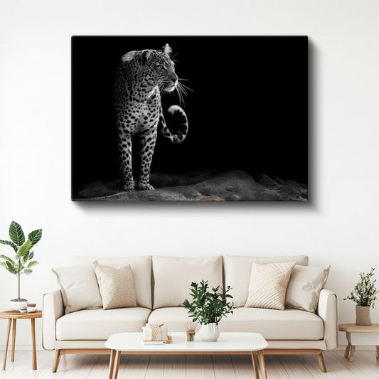 Leopar Silüeti - Siyah Beyaz Dramatik Portre Kanvas Tablo
