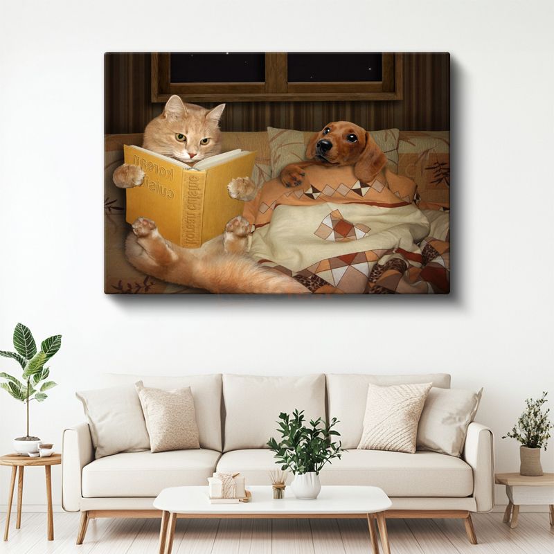 Kitap Okuyan Dostlar - Kedi ve Köpek Dostluğu Kanvas Tablo