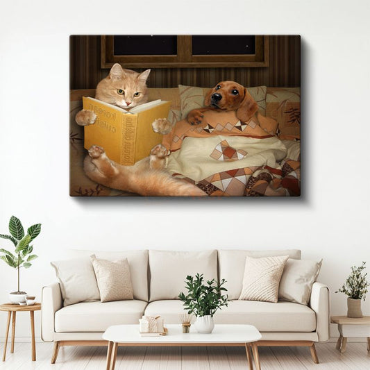 Kitap Okuyan Dostlar - Kedi ve Köpek Dostluğu Kanvas Tablo
