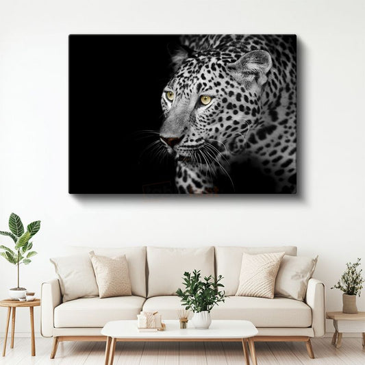 Leopar Portresi - Sarı Gözlü Siyah Beyaz Kanvas Tablo